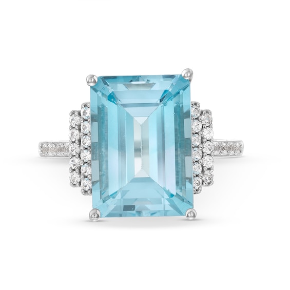 Emerald-Cut Blue Topaz and White Lab-Created Sapphire Ring in Sterling Silver