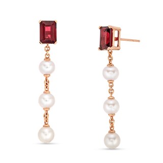 Emerald-Cut Rhodolite Garnet and 5.0mm Freshwater Cultured Pearl Drop Earrings in 10K Rose Gold