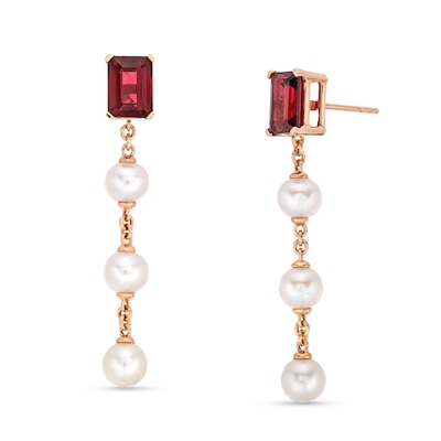 Emerald-Cut Rhodolite Garnet and 5.0mm Freshwater Cultured Pearl Drop Earrings in 10K Rose Gold