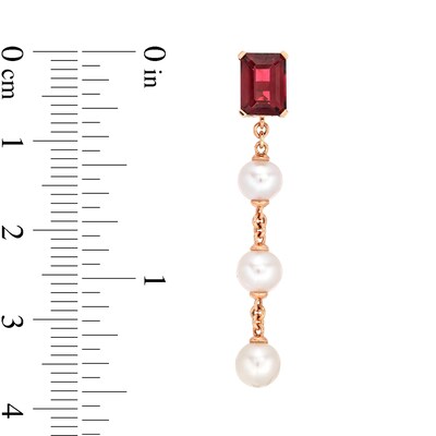 Emerald-Cut Rhodolite Garnet and 5.0mm Freshwater Cultured Pearl Drop Earrings in 10K Rose Gold