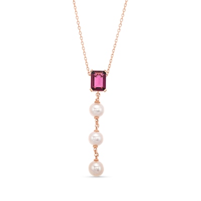 Emerald-Cut Rhodolite Garnet and 5.0mm Freshwater Cultured Pearl Drop Pendant in 10K Rose Gold