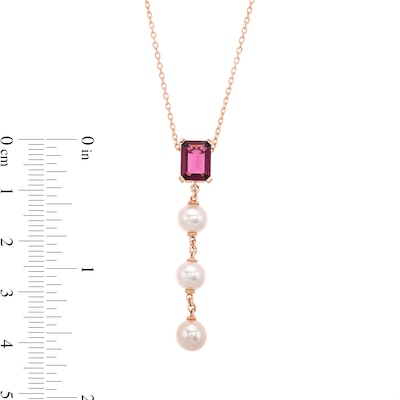 Emerald-Cut Rhodolite Garnet and 5.0mm Freshwater Cultured Pearl Drop Pendant in 10K Rose Gold