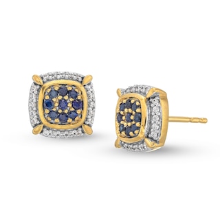 Men's Blue Sapphire and 0.12 CT. T.W. Diamond Cushion Frame Stud Earrings in 10K Gold