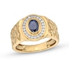 Thumbnail Image 0 of Men's Faceted Oval Blue Sapphire and 0.19 CT. T.W. Diamond Frame Nugget Ring in 10K Gold - Size 10