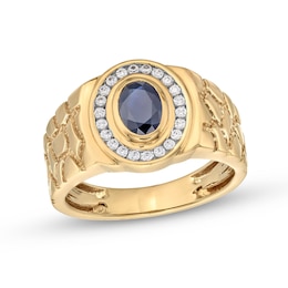 Men's Faceted Oval Blue Sapphire and 0.19 CT. T.W. Diamond Frame Nugget Ring in 10K Gold - Size 10