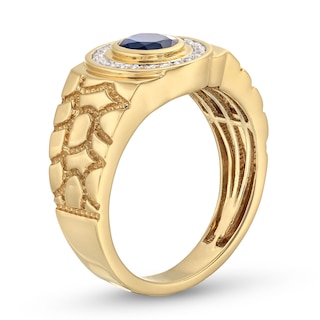 Men's Faceted Oval Blue Sapphire and 0.19 CT. T.W. Diamond Frame Nugget Ring in 10K Gold - Size 10