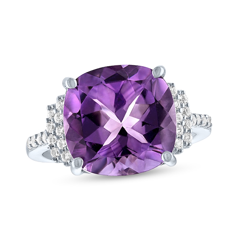 Cushion-Cut Amethyst and White Lab-Created Sapphire Ring in Sterling Silver