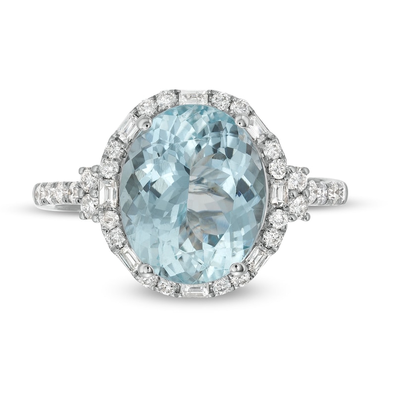 EFFY™ Collection Oval Aquamarine and 0.45 CT. T.W. Diamond Frame Ring in 14K White Gold|Peoples Jewellers