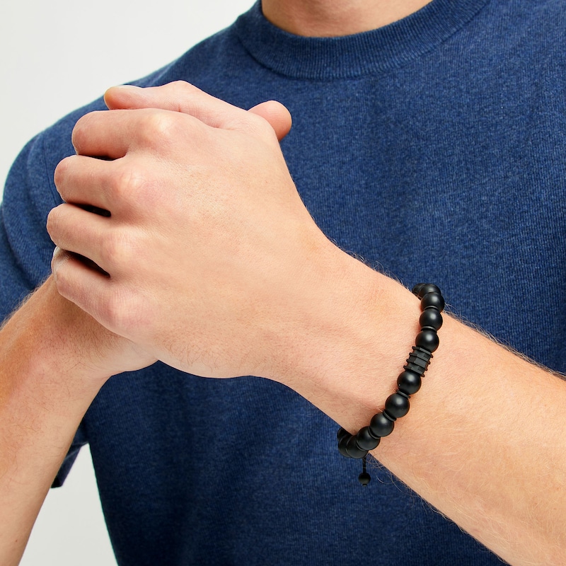 Men's Onyx Bead Adjustable Bracelet with Black Ion-Plated Stainless Steel