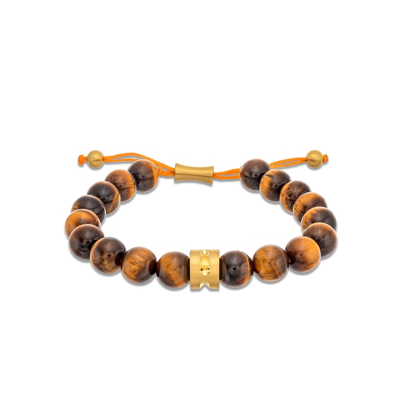 Men's Tiger's Eye Bead Adjustable Bracelet with Yellow Ion-Plated Stainless Steel