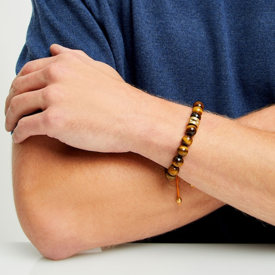 Men's Tiger's Eye Bead Adjustable Bracelet with Yellow Ion-Plated Stainless Steel