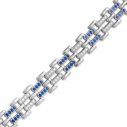 Men's Blue Sapphire and 1.50 CT. T.W. Diamond Link Bracelet in Sterling Silver