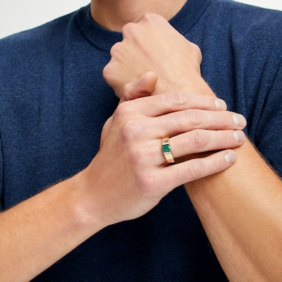 Men's Emerald-Cut Emerald and 0.12 CT. T.W. Diamond Collar Ring in 10K Gold