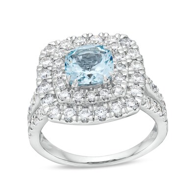 Aquamarine and 1.50 CT. T.W. Certified Lab-Created Diamond Cushion Frame Ring in 10K White Gold (F/SI2)