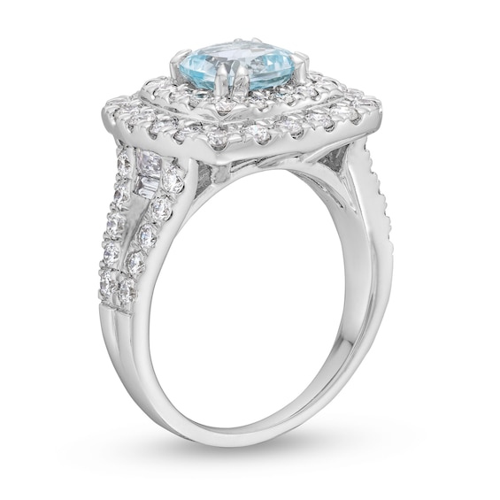 Aquamarine and 1.50 CT. T.W. Certified Lab-Created Diamond Cushion Frame Ring in 10K White Gold (F/SI2)