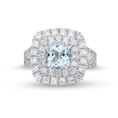 Aquamarine and 1.50 CT. T.W. Certified Lab-Created Diamond Cushion Frame Ring in 10K White Gold (F/SI2)