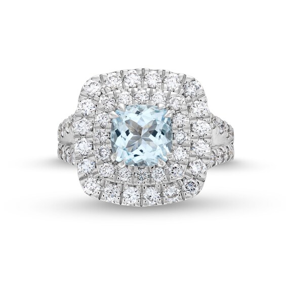 Aquamarine and 1.50 CT. T.W. Certified Lab-Created Diamond Cushion Frame Ring in 10K White Gold (F/SI2)