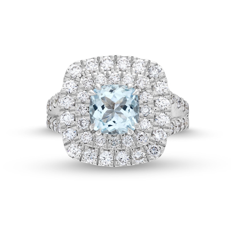 Aquamarine and 1.50 CT. T.W. Certified Lab-Created Diamond Cushion Frame Ring in 10K White Gold (F/SI2)|Peoples Jewellers