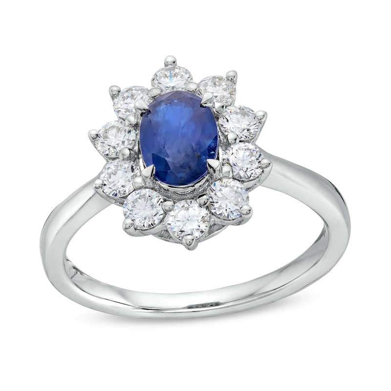 Oval Blue Sapphire and 0.75 CT. T.W. Certified Lab-Created Diamond  Frame Ring in 10K White Gold (F/SI2)