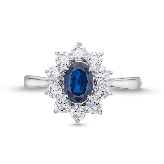 Oval Blue Sapphire and 0.75 CT. T.W. Certified Lab-Created Diamond  Frame Ring in 10K White Gold (F/SI2)