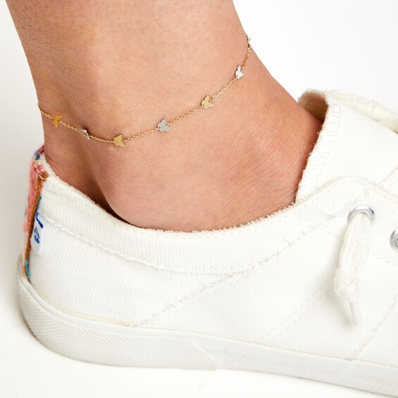 Butterfly Station Anklet in Solid 10K Two Tone Gold - 9.5"