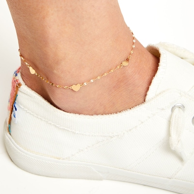 Heart Station Anklet in Solid 10K Gold - 9.5"