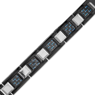 Men's Square Blue Carbon Fibre Link Bracelet in Stainless Steel with Black Ion-Plate