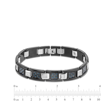 Men's Square Blue Carbon Fibre Link Bracelet in Stainless Steel with Black Ion-Plate