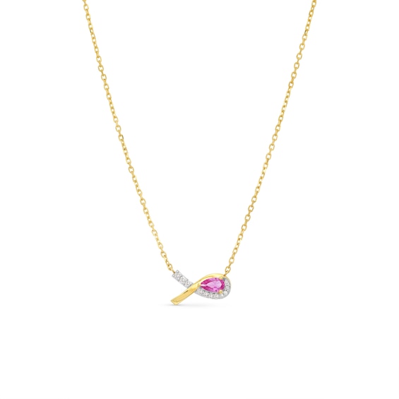 Pink Lab-Created Sapphire and Diamond Accent Awareness Ribbon Necklace in 10K Gold