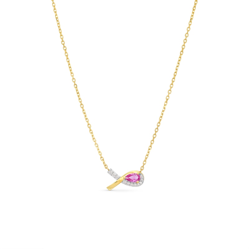 Pink Lab-Created Sapphire and Diamond Accent Awareness Ribbon Necklace in 10K Gold|Peoples Jewellers