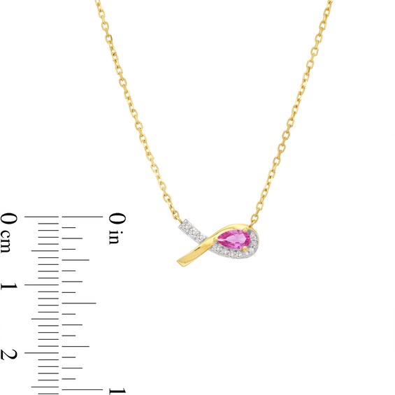 Pink Lab-Created Sapphire and Diamond Accent Awareness Ribbon Necklace in 10K Gold