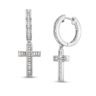 Men's 0.40 CT. T.W. Baguette Diamond Cross Dangle Hoop Earrings in 10K White Gold