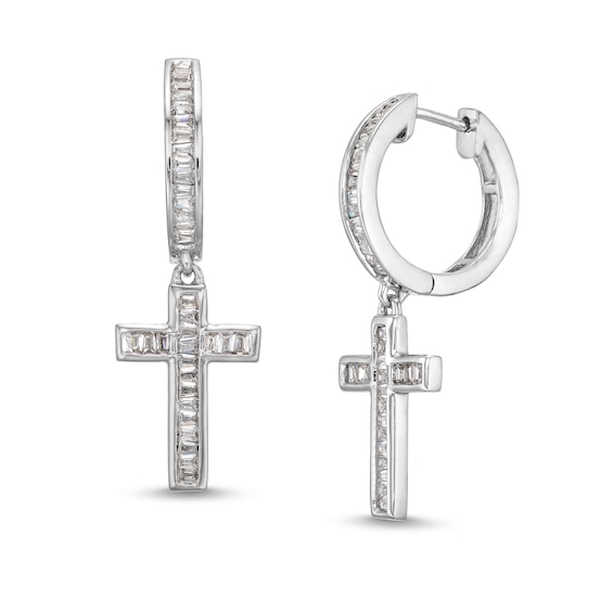 Men's 0.40 CT. T.W. Baguette Diamond Cross Dangle Hoop Earrings in 10K White Gold