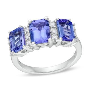 Emerald-Cut Tanzanite and 0.30 CT. T.W. Certified Lab-Created Diamond Three Stone Ring in 10K White Gold (F/SI2)