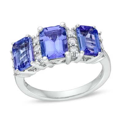 Emerald-Cut Tanzanite and 0.30 CT. T.W. Certified Lab-Created Diamond Three Stone Ring in 10K White Gold (F/SI2)