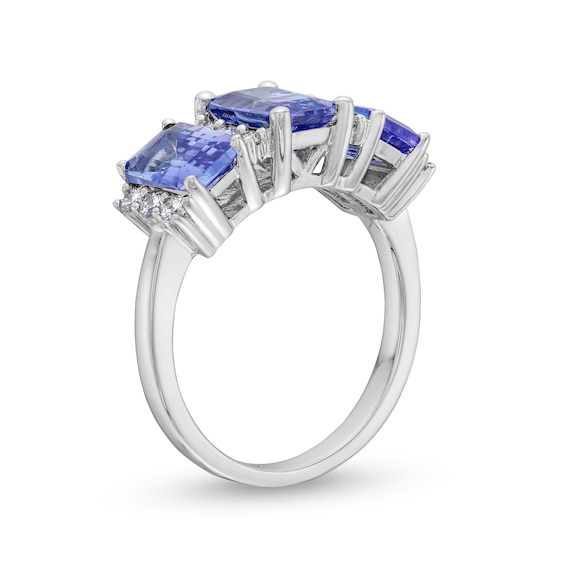 Emerald-Cut Tanzanite and 0.30 CT. T.W. Certified Lab-Created Diamond Three Stone Ring in 10K White Gold (F/SI2)