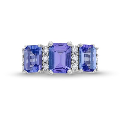 Emerald-Cut Tanzanite and 0.30 CT. T.W. Certified Lab-Created Diamond Three Stone Ring in 10K White Gold (F/SI2)