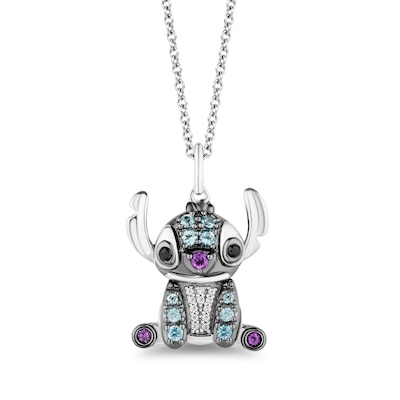 Disney Treasures Lilo & Stitch London Blue Topaz, Amethyst and Diamond Accent Stitch Necklace in Sterling Silver