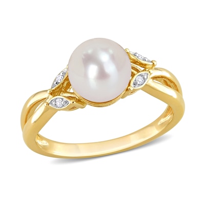 7.5-8.0mm Freshwater Cultured Pearl and Diamond Accent Split Shank Ring in 10K Gold