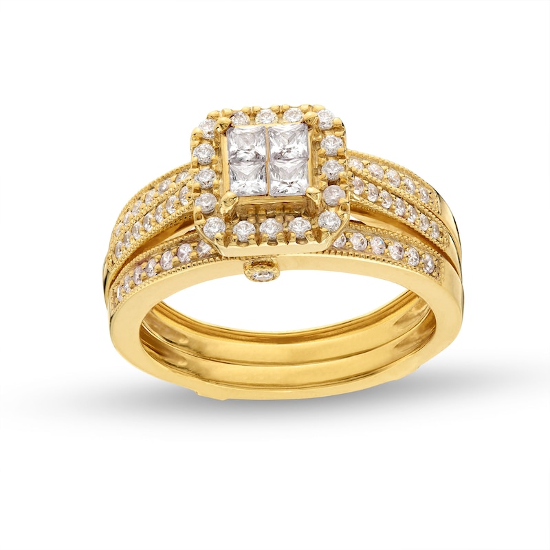 0.75 CT. T.W. Quad Princess-Cut Diamond Frame Vintage-Style Bridal Set in 10K Gold|Peoples Jewellers