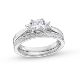 1.33 CT. T.W. Princess-Cut Diamond Past Present Future® Three Stone Bridal Set in 14K White Gold