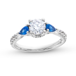 1.30 CT. T.W. Certified Lab-Created Diamond and Blue Sapphire Three Stone Engagement Ring in 14K White Gold (F/SI2)