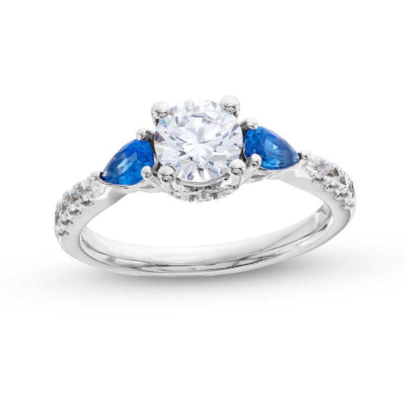 1.30 CT. T.W. Certified Lab-Created Diamond and Blue Sapphire Three Stone Engagement Ring in 14K White Gold (F/SI2)|Peoples Jewellers
