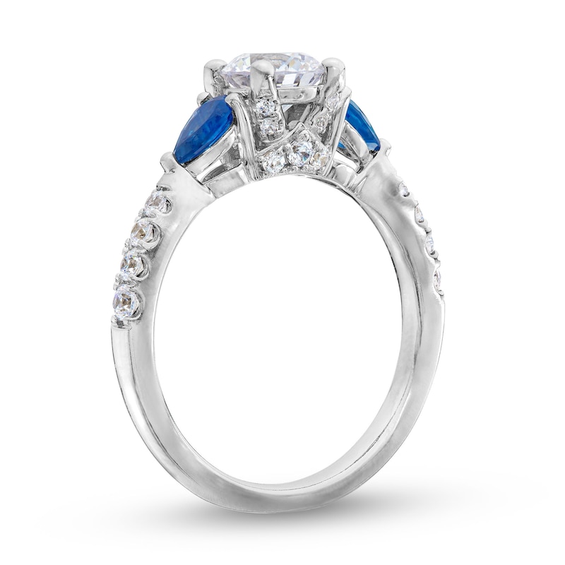 1.30 CT. T.W. Certified Lab-Created Diamond and Blue Sapphire Three Stone Engagement Ring in 14K White Gold (F/SI2)