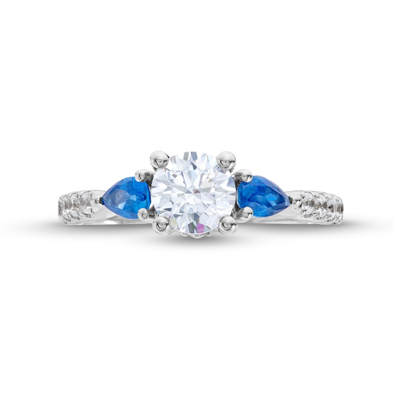 1.30 CT. T.W. Certified Lab-Created Diamond and Blue Sapphire Three Stone Engagement Ring in 14K White Gold (F/SI2)