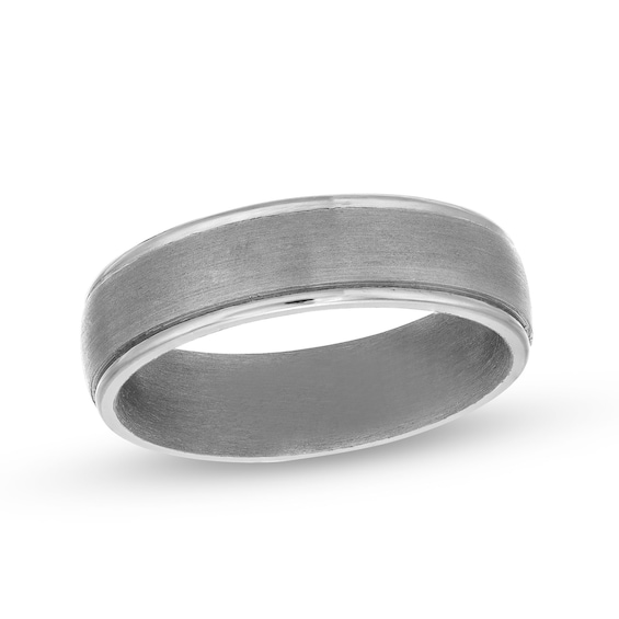 Men's 6.0mm Satin Textured Stepped Edge Comfort Fit Wedding Band in Tantalum