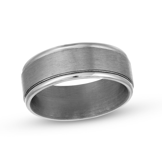 Men's 8.0mm Satin Textured Stepped Edge Comfort Fit Wedding Band in Tantalum