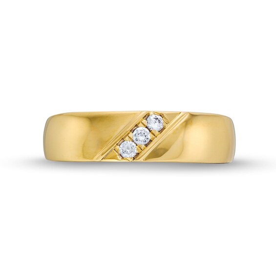 Men's 0.12 CT. T.W. Canadian Certified Diamond Three Stone Slant Band in 14K Gold (I/I1)