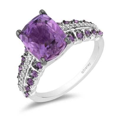 Enchanted Disney Wish Cushion-Cut and Round Amethyst with 0.085 CT. T.W. Diamond Ring in Sterling Silver