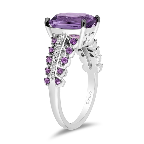 Enchanted Disney Wish Cushion-Cut and Round Amethyst with 0.085 CT. T.W. Diamond Ring in Sterling Silver